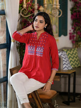 Red Thread Embroidered Cotton Tunic With Mirror work & Buttons-J4761RED